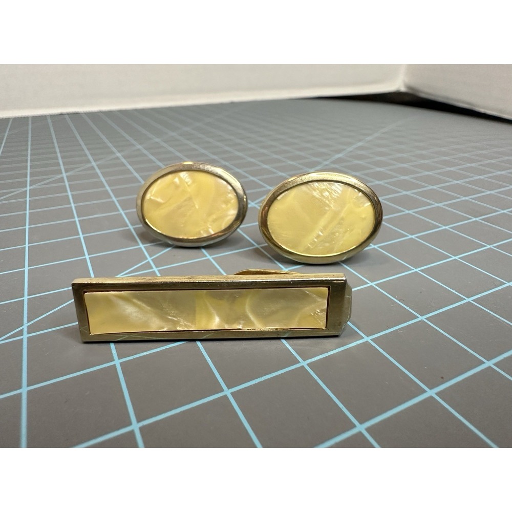 Vintage Cufflinks And Tie Tack - Gold Tone With Stone Gold And Cream Enamel